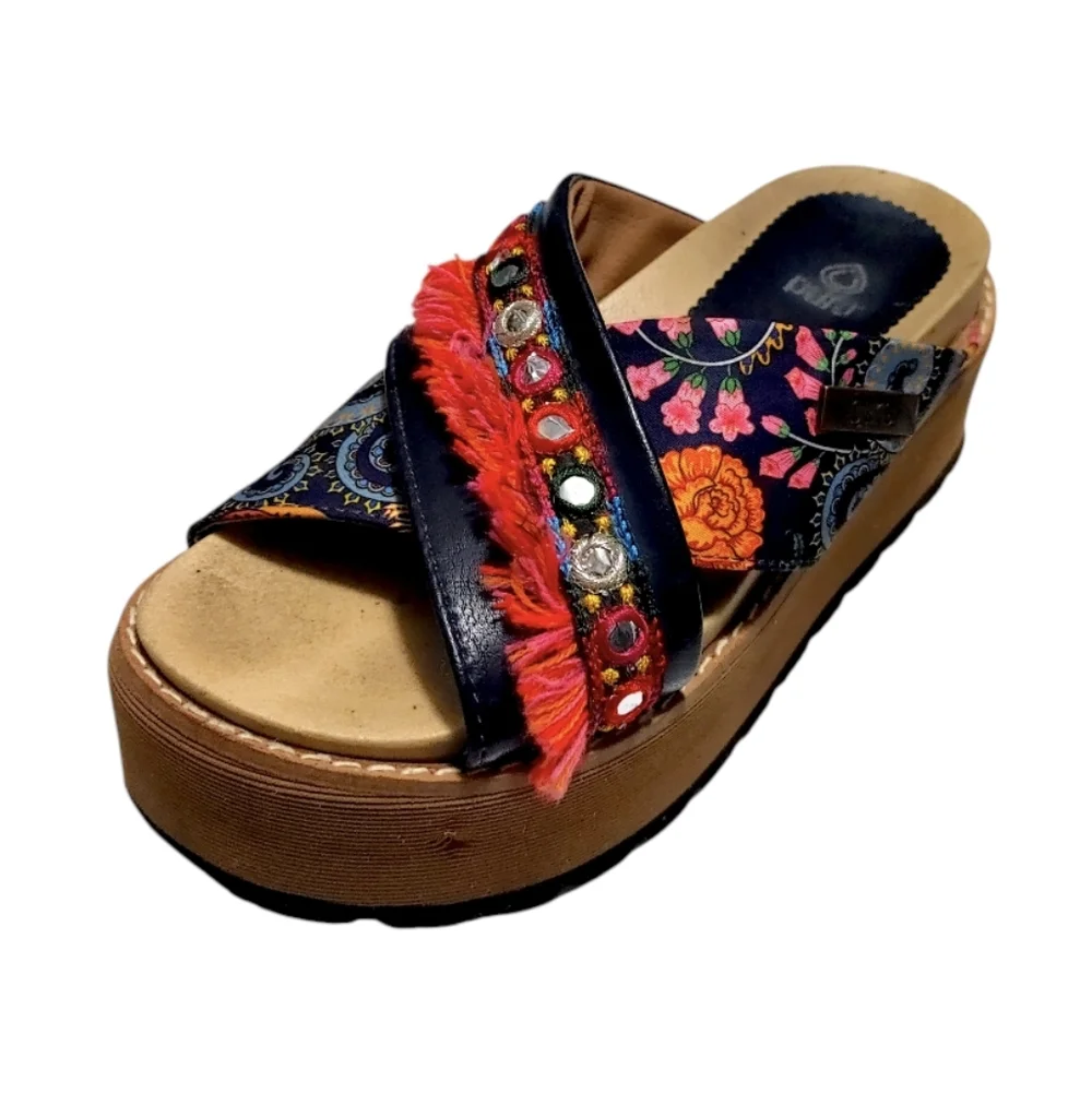 Puro Colorful Leather Fringe Boho Platform Slip On Slide Sandals Womens Size 7